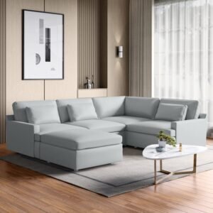 1-Seater Wedge Sofa (2) Alpine Half Leather 4-Seater Corner Sofa with Ottoman - Grey