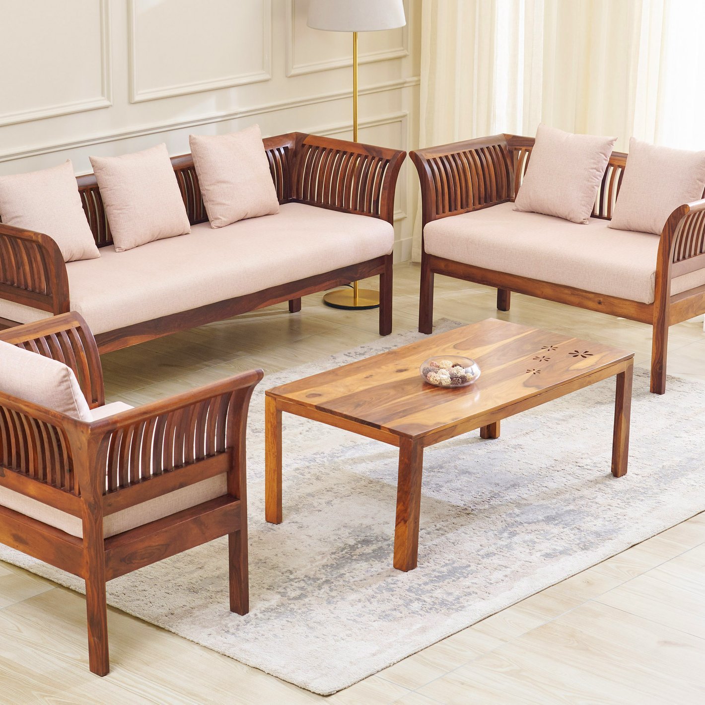 Helios Nashville Fabric 3+2+1 Seater Sofa Set with Cushions - Honey - Image 2