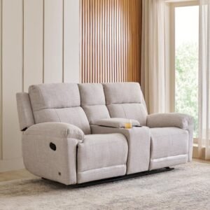 1000015383150-1000015383150-306_01-2100 Relax in style with this 2-seater recliner – the Lambert Fabric sofa with console in beige. Modern, comfortable, and perfect for cozy living spaces.